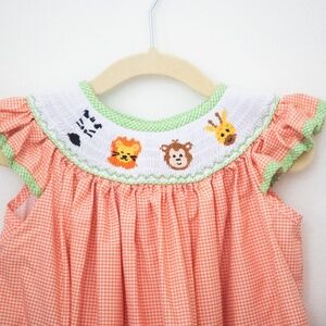 Girls Smocked Zoo Animals Dress Orange Gingham